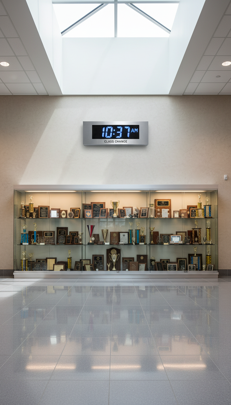 A sleek, silver digital wall clock with an illuminated blue LCD display, showing an exact class change time, mounted above a modern glass trophy case filled with glimmering award plaques and trophies. The setup is in the main high school lobby, with polished gray tile flooring and a subtly textured light beige wall. Daylight from a nearby skylight mixes with recessed ceiling lights, producing dynamic reflections and a sense of anticipation. The mood is energetic and motivational, suggesting achievement and forward momentum. The composition is a slightly low angle, emphasizing the clock and trophies, with a crisp, clean, photographic-realistic style grounded in school pride.