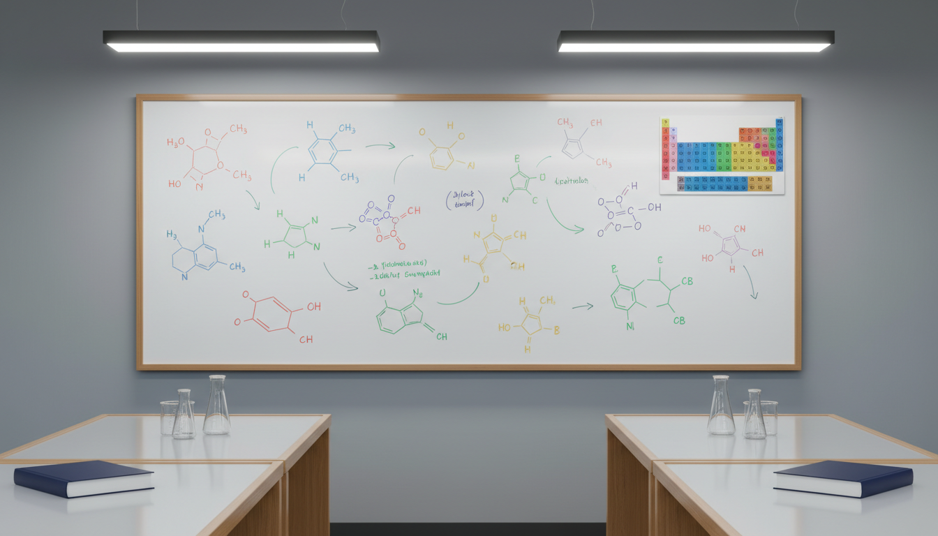 A gleaming white dry erase board filled with colorful marker diagrams of molecular structures and a vibrant periodic table magnet in one corner. The board is mounted on a cool gray wall in a well-equipped science classroom, flanked by wooden lab tables with smooth epoxy surfaces, each with neatly closed textbooks and empty beakers. Overhead fluorescent lighting cast crisp reflections and refined shadows, creating a bright, academic atmosphere. The mood is intellectually stimulating and purposeful. The composition utilizes a centered, straight-on framing, maintaining sharp focus throughout, reflecting a clean, contemporary science education theme.