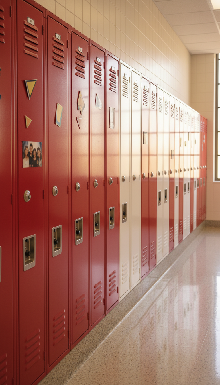 A classic red and white high school locker row, doors tightly lined up with glossy painted surfaces and metallic vents, some displaying neatly arranged combination locks and colorful magnetic decorations. The lockers are set against a clean, cream-tiled hallway accented by a polished speckled granite floor base, leading to large windows that allow gentle midday sunlight to pour in, washing the scene in soft, warm natural light. The mood is organized and welcoming, suggestive of academic ambition and camaraderie. The composition uses an eye-level perspective and rule of thirds framing, drawing focus down the corridor with crisp clarity. The style is photographic realism, mint-clean and modern, aligning with an inviting educational aesthetic.