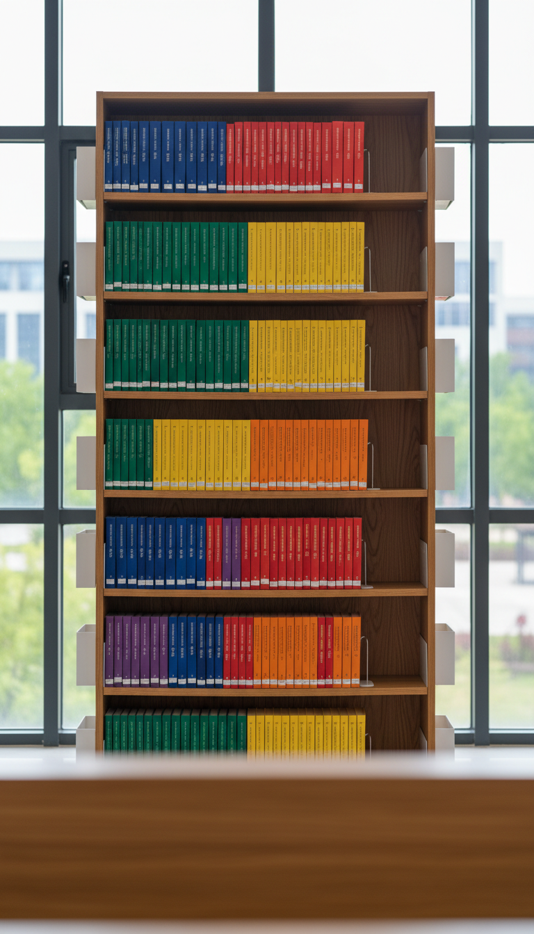 A towering wooden bookshelf filled with neatly organized hardcover textbooks in a spectrum of vibrant spines, nestled between sleek white bookends. The bookshelf stands in a spacious, modern high school library, featuring wide windows in the background that let in abundant, diffused daylight. The light bathes the books in a gentle glow, producing soft highlights and muted shadows on the smooth wood surface. The mood is peaceful and studious, evoking curiosity and learning. The composition is captured with a centered, shallow depth of field, focusing on the textures and colors of the books, with a clean photographic style that feels calm, inviting, and academic.