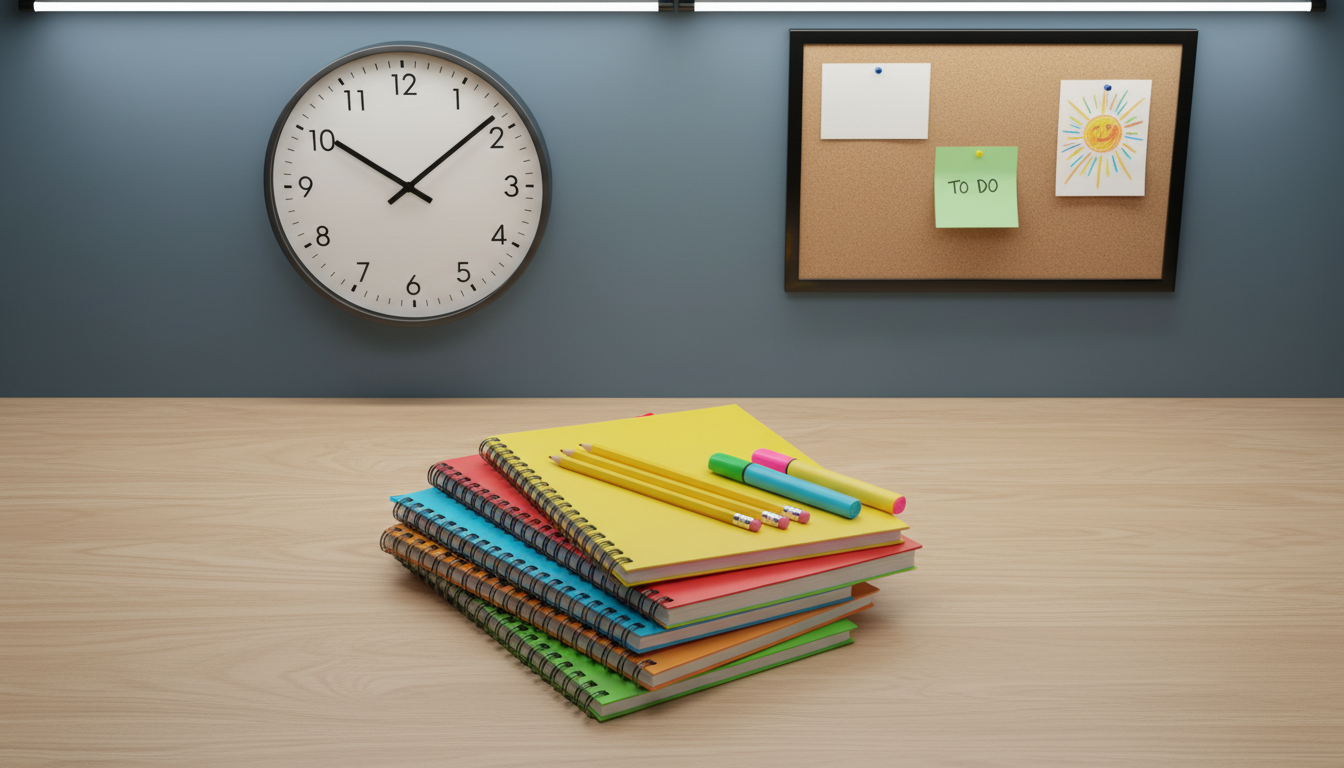 A stack of crisp, new notebooks with colorful vinyl covers and spiral bindings, topped with a set of perfectly sharpened yellow pencils and translucent highlighters. This arrangement rests on a pristine, light maple desk with a slate blue wall behind, adorned with an oversized analog clock and a modern bulletin board holding a few neatly pinned notes. Soft overhead LED lighting creates subtle, even illumination and gentle shadows, lending the image clarity and focus. The mood is fresh, organized, and slightly energetic, evoking anticipation for a new school day. The composition is shot from a slight overhead angle, emphasizing symmetry and order, and the artistic style is clean, modern photographic realism.